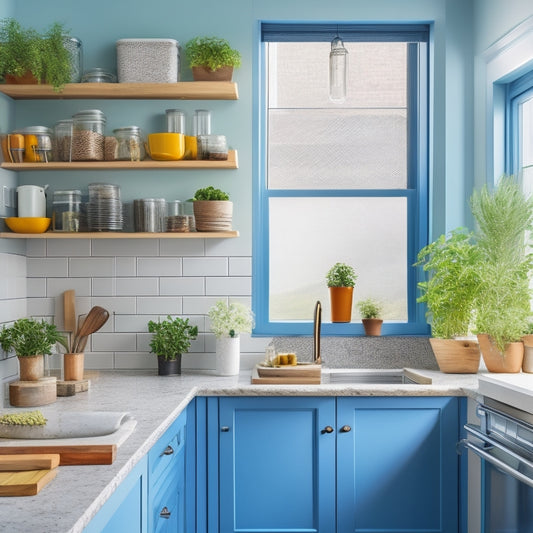 A bright, modern kitchen with a tidy countertop, featuring a utensil organizer, a tiered spice rack, a pull-out trash can, and a wall-mounted pot lid holder, with a few fresh herbs on the windowsill.