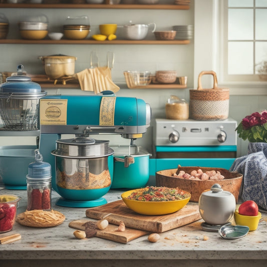 A colorful, cluttered kitchen countertop with open cookbooks, utensils, and mixing bowls, surrounded by scattered recipe cards, flour-dusted rolling pins, and a vintage stand mixer in the background.