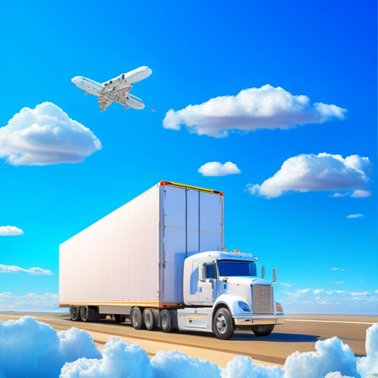 A stylized illustration of a delivery truck, toolbox, and smartphone, surrounded by swooping curves and lines, conveying speed, efficiency, and seamless connectivity, set against a bright blue sky with fluffy white clouds.