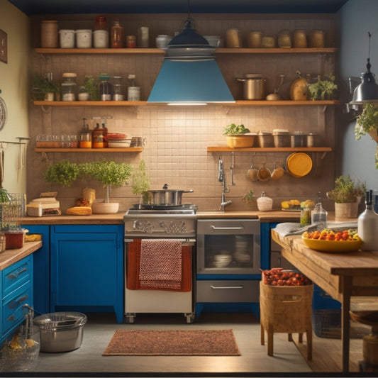 Illustrate a well-organized kitchen with a central island, utensils hung on a pegboard, a labeled spice rack, and a trash can with a recycling bin, amidst a warm and inviting atmosphere.