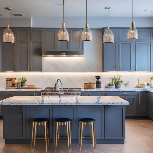 A modern kitchen with sleek, high-gloss cabinets, quartz countertops, and a large island featuring a waterfall edge, surrounded by pendant lights and a stunning geometric-patterned backsplash.