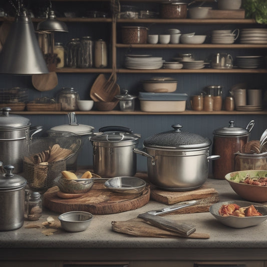 A cluttered kitchen island with pots, pans, utensils, and cookbooks stacked haphazardly, with a few drawers and cabinets partially open, revealing a jumbled mess of kitchen essentials.