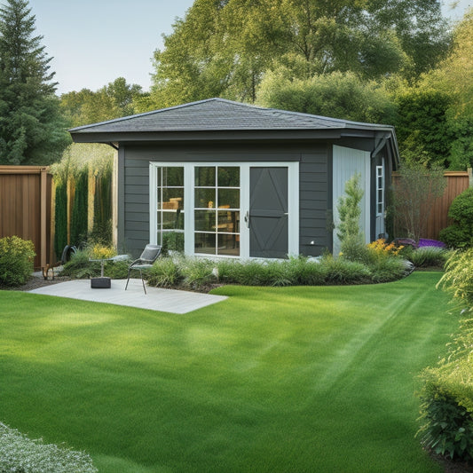 A serene backyard with a tidy lawn, surrounded by lush greenery, featuring a stylish, modern shed with large windows, a sloping roof, and a sliding glass door, amidst a few garden tools and a wheelbarrow.