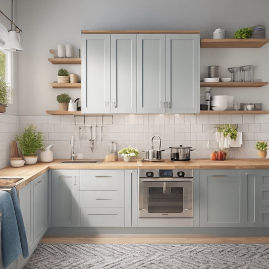 A tidy, modern kitchen with a small footprint, featuring a wall-mounted pot rack, a compact island with built-in storage, and a utensil organizer attached to the side of a cabinet.