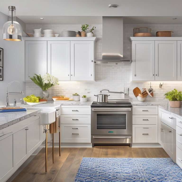 A bright, modern kitchen with sleek white cabinets, stainless steel appliances, and a large island featuring a built-in utensil organizer, pull-out trash can, and a pegboard with hanging pots and pans.