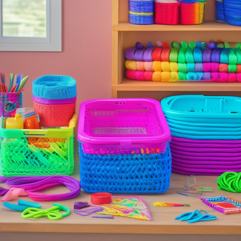 A colorful, neatly arranged workspace featuring various storage containers, bins, and baskets filled with rainbow loom bands, hooks, and other crafting tools, with a loom in the center.