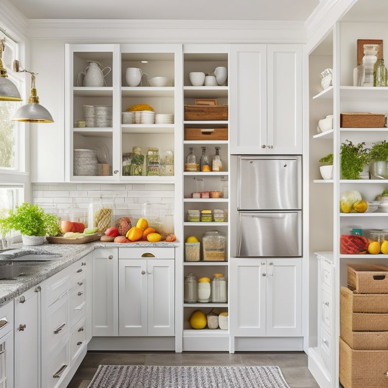 A bright and modern kitchen with a sleek, white pantry door open, revealing a neatly organized interior with adjustable shelves, baskets, and containers in various sizes, filled with fresh produce and kitchen staples.