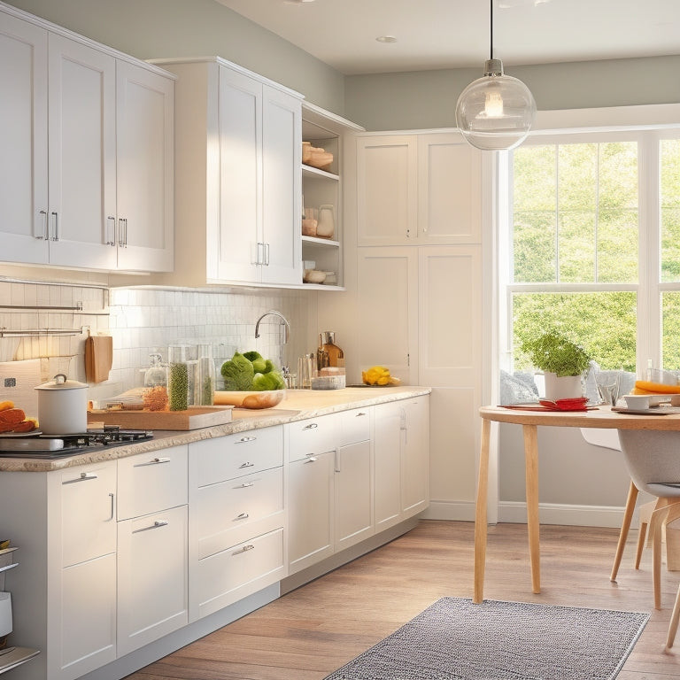 A bright, modern kitchen with sleek, white cabinets, featuring a built-in Lazy Susan, pull-out drawers, and adjustable dividers, surrounded by warm, natural light and a few decorative kitchen utensils.