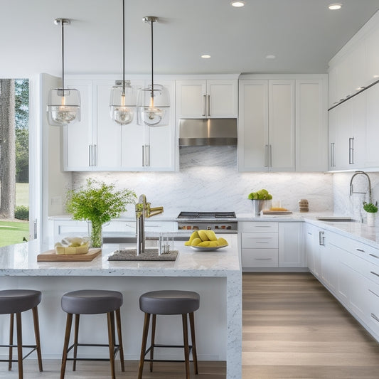 A bright, modern kitchen with sleek white cabinets, quartz countertops, and stainless steel appliances, surrounded by floor-to-ceiling windows, with a large island in the center and a designer pendant light above.