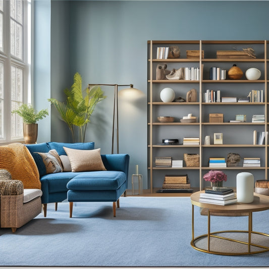 A serene, well-organized living room with a sleek storage ottoman, a wall-mounted shelf, and a floor-to-ceiling bookcase, surrounded by a few, carefully placed decorative items and plenty of negative space.