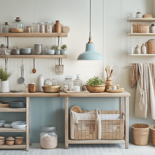 A tidy kitchen with a calm color palette, featuring a pegboard with neatly hung utensils, a few ceramic jars on a shelf, and a wooden cart with labeled baskets, all bathed in soft, warm light.