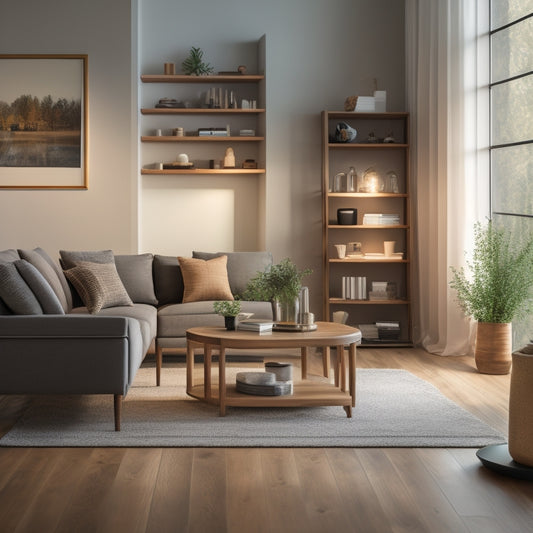 A serene, well-lit living room with a sleek wooden floor, minimalist furniture, and a few tasteful decorations, showcasing expertly organized bookshelves, a tidy coffee table, and a calm atmosphere.