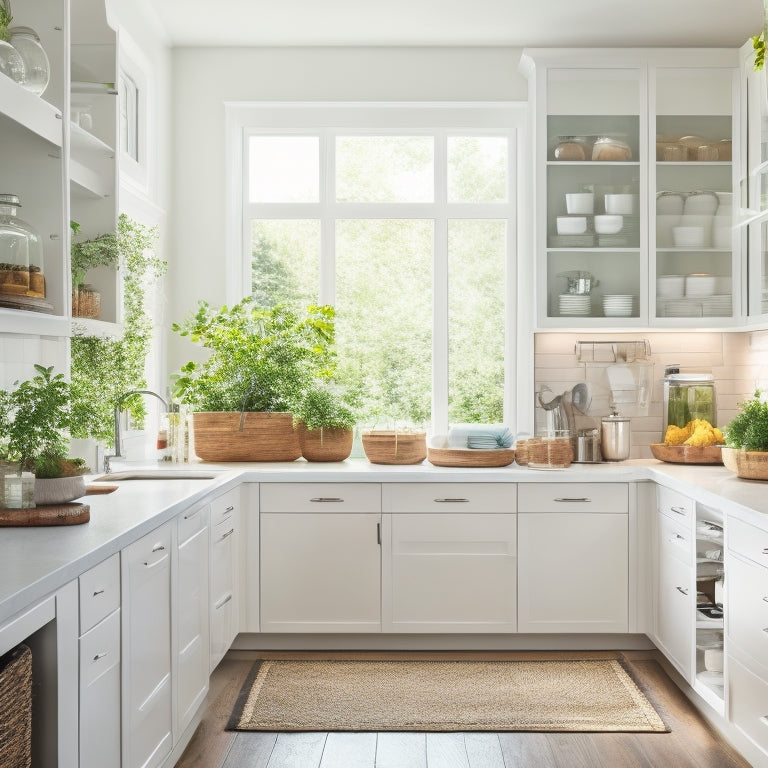 A bright, modern kitchen with sleek white cabinets, featuring an open IKEA pantry system, filled with organized jars, baskets, and utensils, surrounded by lush greenery and natural light.