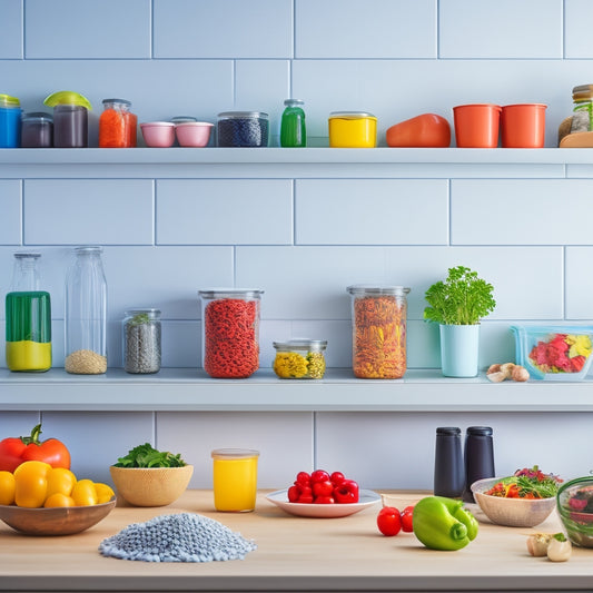 A minimalist, modern kitchen background with a large, blank chalkboard or whiteboard in the center, surrounded by colorful, arranged meal prep containers and a few scattered, healthy ingredients.