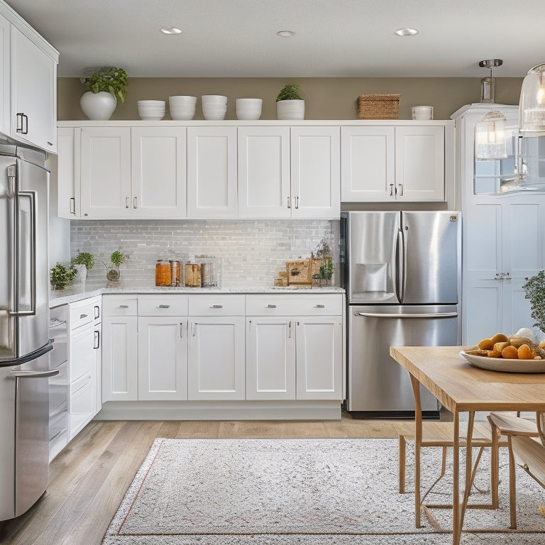 A bright, modern kitchen with sleek white cabinets, stainless steel appliances, and warm wood accents, featuring a U-shaped layout, pull-out pantry, and cleverly hidden storage solutions.