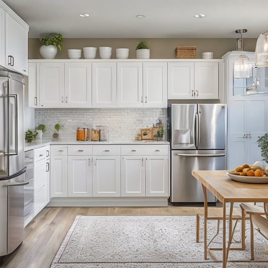 A bright, modern kitchen with sleek white cabinets, stainless steel appliances, and warm wood accents, featuring a U-shaped layout, pull-out pantry, and cleverly hidden storage solutions.