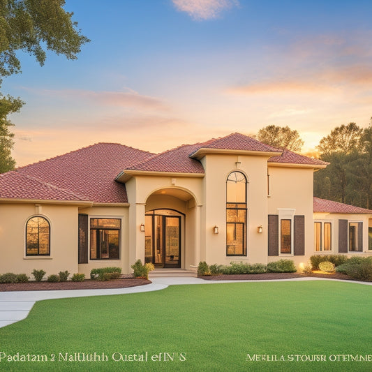 A serene, sun-kissed Verona Estates home exterior with sleek, modern lines, expansive windows, and lush greenery, set against a warm, cloudless blue sky with a subtle hint of golden hour.