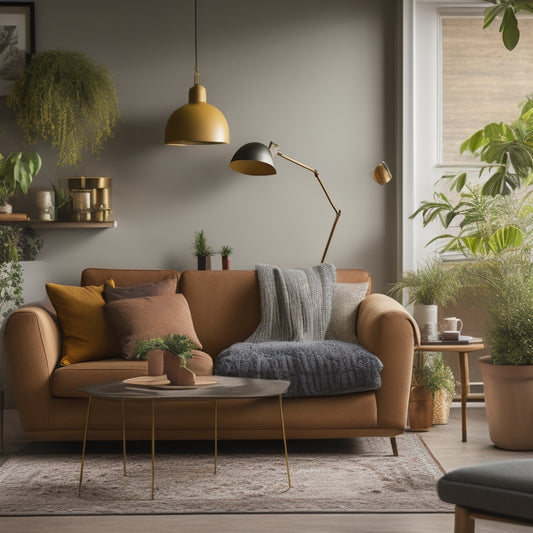 A bright, cozy living room with a minimalist couch, coffee table, and lamp, surrounded by moving boxes and a few unpacked essentials like a frying pan, dishes, and a potted plant.