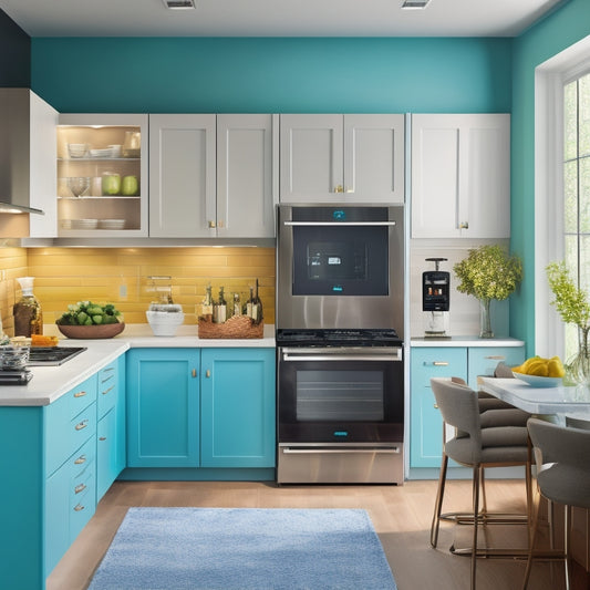 A bright, modern kitchen with sleek appliances, featuring a large, digital display on the wall showcasing a customizable digital kitchen decor template with interchangeable backgrounds, colors, and designs.