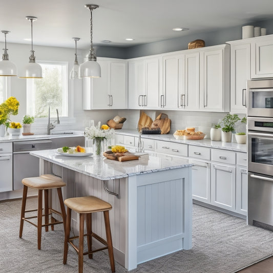 A bright, modern kitchen with sleek white cabinets, stainless steel appliances, and a large island in the center, featuring perfectly arranged utensils, cookbooks, and a few decorative vases.