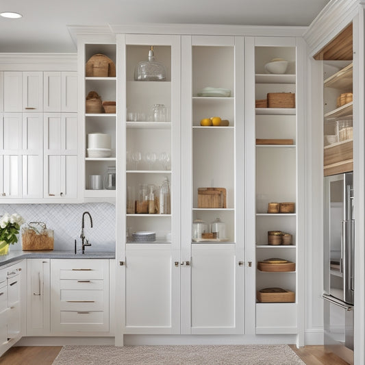 A bright, modern kitchen with three different pantry cabinet styles: a tall, sleek white cabinet with glass doors, a rustic wooden cabinet with ornate hardware, and a minimalist gray cabinet with pull-out shelves.