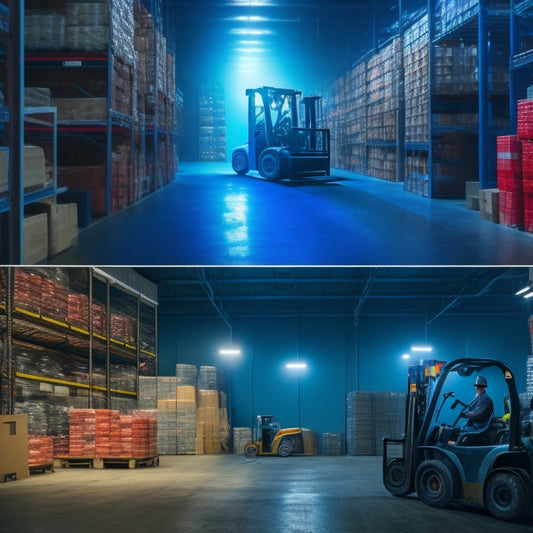 A split-screen image featuring a cluttered, dimly lit storage room on one side and a bright, organized warehouse with labeled shelves, a forklift, and a few workers in the background on the other side.