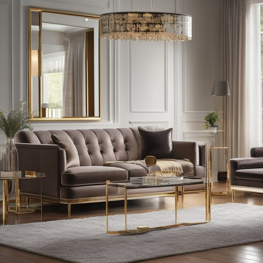 A luxurious living room with a sleek, polished chrome floor lamp, a matching chrome coffee table, and a chrome-framed mirror above a velvet sofa, surrounded by warm, golden lighting.