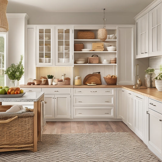 A bright, modern kitchen with cream-colored cabinets, warm wooden floors, and a large pantry with sliding glass doors, featuring multiple woven baskets in various sizes, filled with organized kitchen essentials.