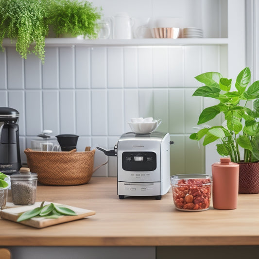 A tidy kitchen counter with a toaster, blender, and coffee maker arranged diagonally on a wooden utensil organizer, surrounded by a few fresh herbs and a small potted plant.