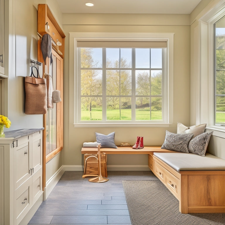 A bright, modern mudroom with cream-colored cabinets, warm wood accents, and sleek chrome hooks, featuring a built-in bench with storage, and a large window with natural light pouring in.