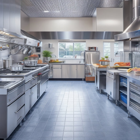 A bustling commercial kitchen with stainless steel countertops, a central island with a gas range, and shelves stocked with utensils, pots, and pans, surrounded by a walk-in refrigerator and a dishwashing station.