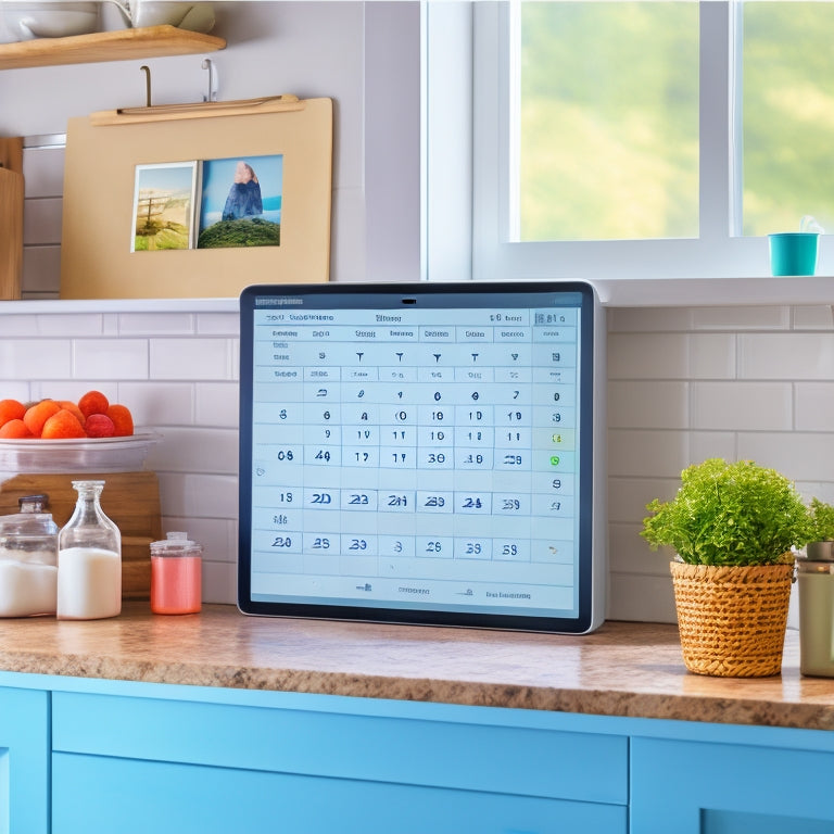 A bright, organized kitchen with a tablet on the counter displaying a digital calendar, a tidy utensil organizer, and a minimalist backsplash with a few strategically-placed hooks.