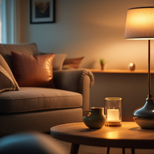A warm and inviting living room with a modern lamp on a side table, featuring a visible light bulb, surrounded by soft shadows and warm lighting, with a blurred background of a comfortable couch.