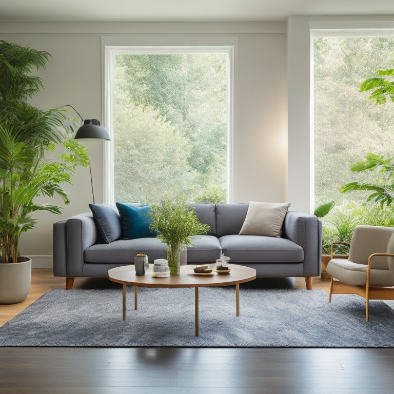 A bright, airy living room with a modern minimalist aesthetic, featuring a sleek gray sofa, a geometric-patterned rug, and a minimalist coffee table surrounded by lush greenery.