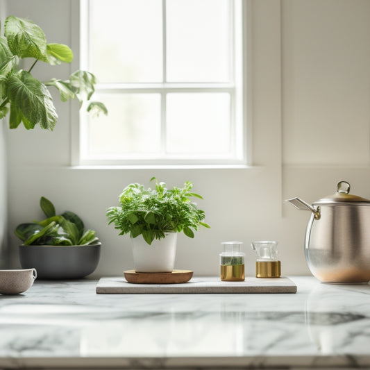 A serene kitchen with a minimalist aesthetic, featuring a sleek tablet on a marble countertop, surrounded by a few, carefully arranged utensils and a small potted herb, amidst a warm, natural light.