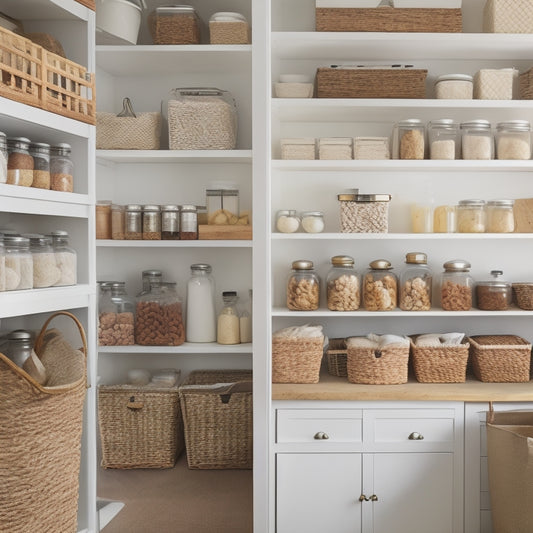 A tidy pantry with white shelves, wooden crates, and wicker baskets, featuring a mix of organized jars, cans, and snacks, with a few template sheets and a pen lying on a nearby counter.