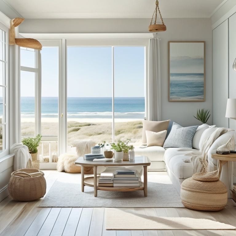 A serene, bright living room with whitewashed wooden walls, sandy-beige floors, and large windows overlooking a calm ocean view, adorned with natural textiles and shells in soft blues and whites.