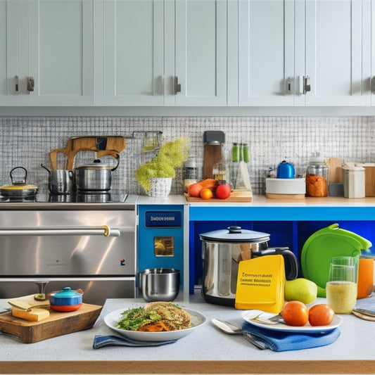 A clutter-free kitchen countertop with a few strategically placed utensils, a slow cooker, and a labeled meal prep container, surrounded by subtle hints of a busy mom's morning routine (e.g., a half-drunk coffee cup, a kid's backpack in the corner).