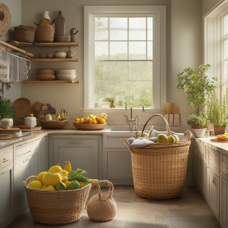 A serene kitchen with a few well-organized utensils and appliances, a tidy island in the center, and a few ripe fruits in a woven basket, surrounded by soft, natural light.