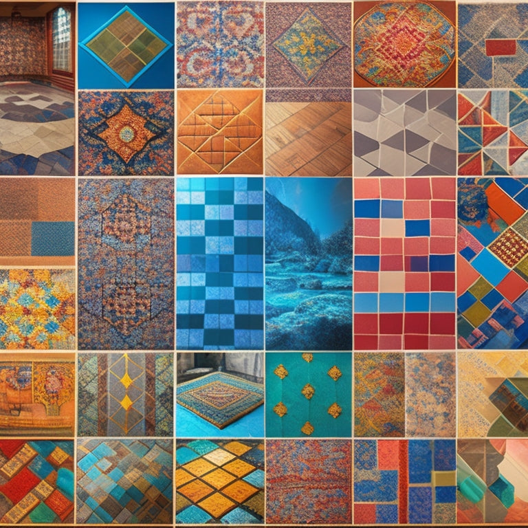 An intricate mosaic of 9-12 squares, each showcasing a unique checkered floor design from around the world, with varying patterns, colors, and textures, blending traditional and modern styles.