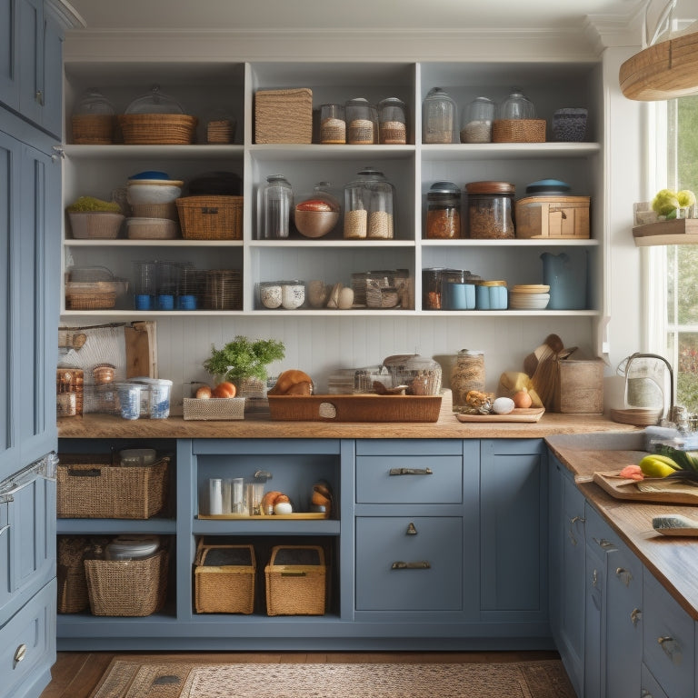 A tidy kitchen with open cabinets, drawers, and pantry, showcasing various organization systems, including baskets, bins, and shelves, with a few kitchen utensils and ingredients artfully arranged in the background.