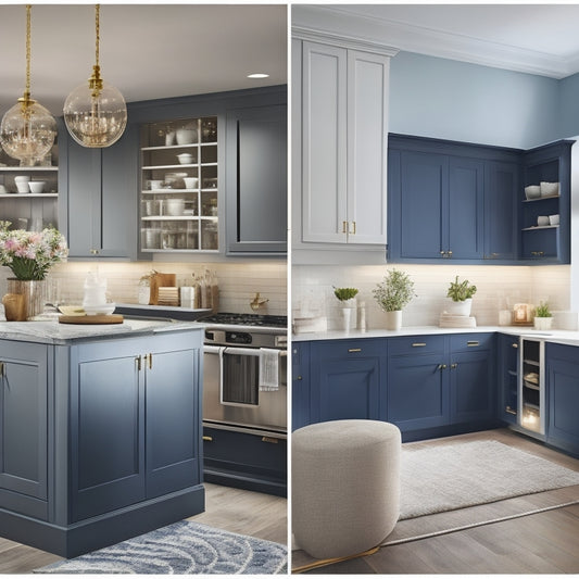 A split-screen image featuring a luxurious, high-end kitchen with custom cabinetry on one side and a budget-friendly IKEA kitchen with SEKTION cabinets on the other, both with identical layouts.