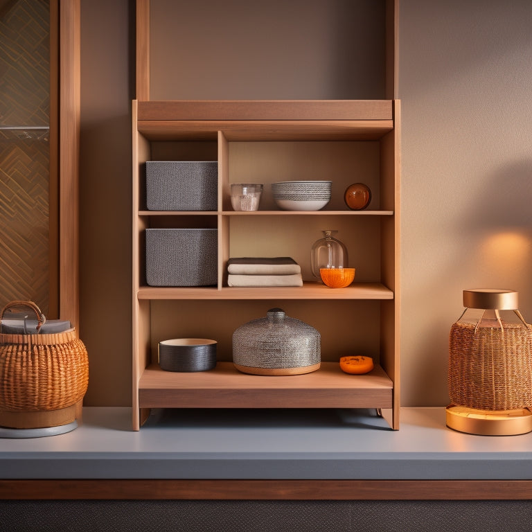 An image of a corner cabinet with various storage solutions: baskets, shelves, and turntables, illuminated by soft, warm lighting, with a subtle gradient background and minimal shadows.