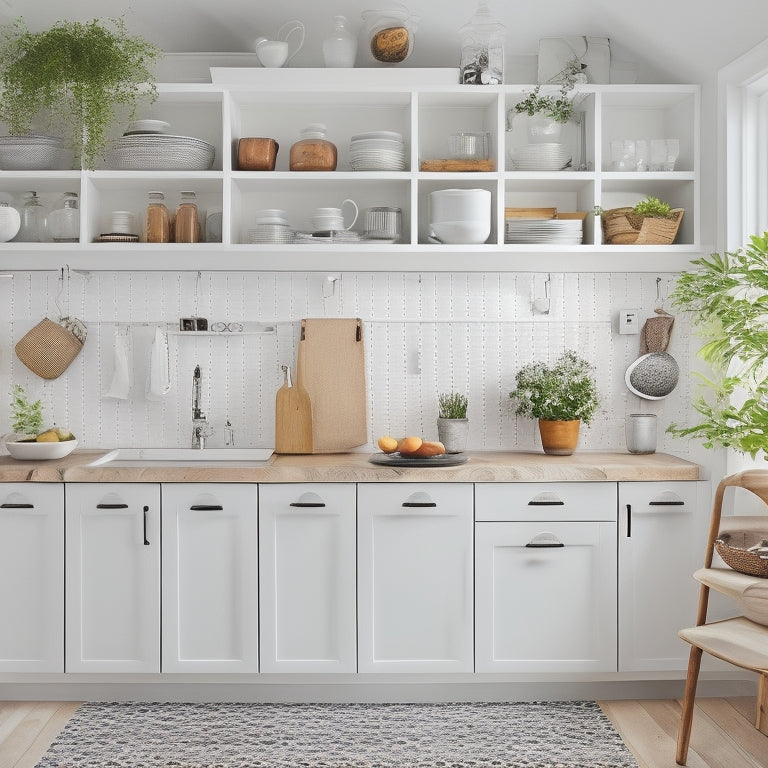 A bright, modern small kitchen with sleek white cabinets, a compact island, and a pegboard displaying utensils, surrounded by clever storage solutions like hanging baskets, spice racks, and a pull-out trash can.