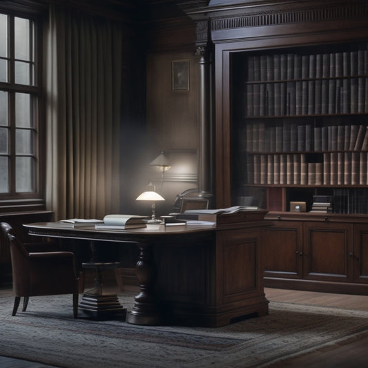 A serene, dimly lit study room with oak wood tables and leather-bound chairs, surrounded by towering bookshelves, with a single laptop open to a digitized newspaper archive on the screen.