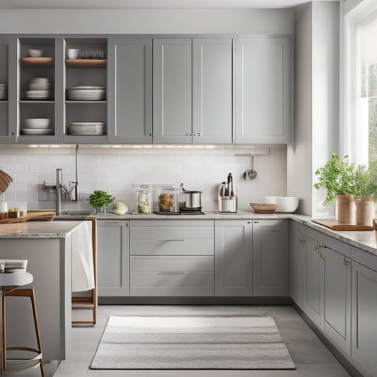 A serene, modern kitchen with sleek, handle-less cabinets in a soft gray tone, paired with a wall-mounted utensil organizer and a compact, rounded kitchen cart with wheels.