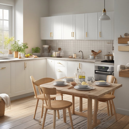 A tidy, well-lit small kitchen with a few, carefully chosen appliances and utensils on countertops, surrounded by minimalist white cabinets and a small, round wooden table with two chairs.