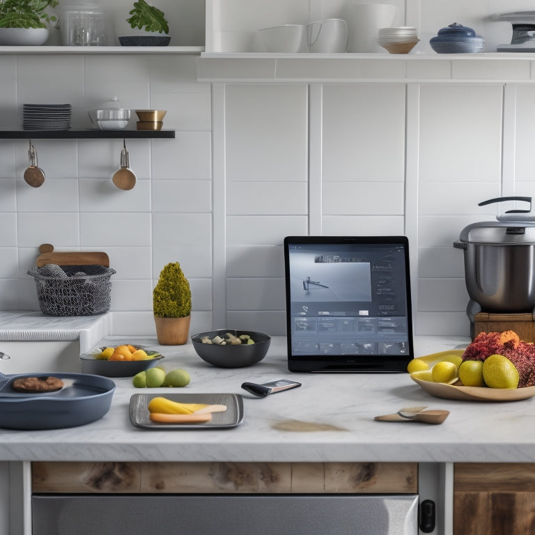 A modern kitchen counter with a sleek laptop, a tablet, and a smartphone, each displaying a different digital recipe book, surrounded by scattered cookbooks, utensils, and ingredients.