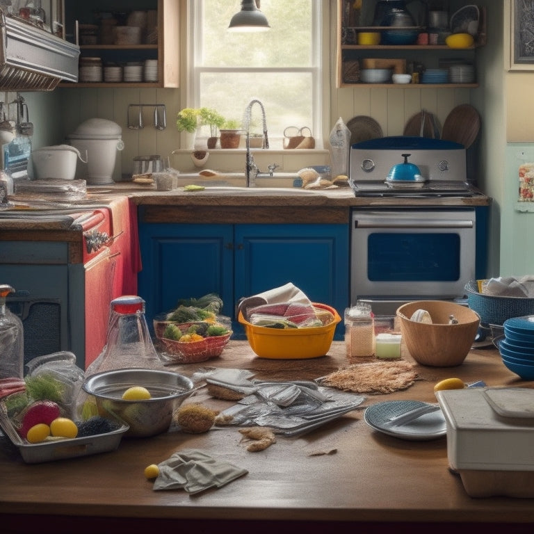 A messy kitchen with overflowing countertops, piles of dirty dishes, and appliances cluttered with notes and recipes, with a single, empty, spotless drawer or cabinet in the corner, symbolizing potential.