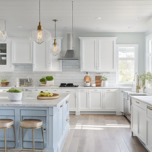 A serene coastal kitchen with creamy white cabinets, soft blue-gray walls, and a statement light fixture resembling a jellyfish, surrounded by natural textures and ocean-inspired accents.